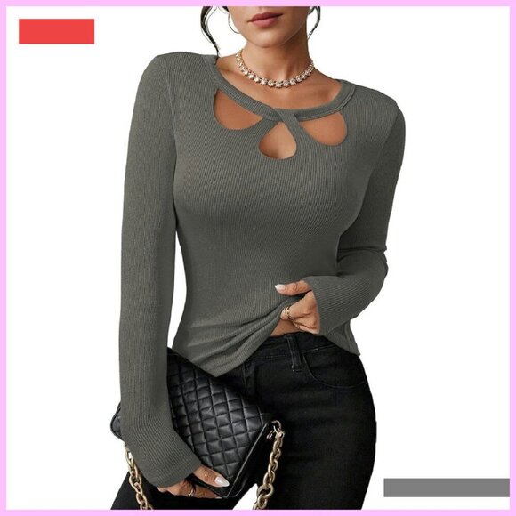 Tops - Long Sleeve Ribbed Knit Top with Keyhole Neckline - Stretch Fit